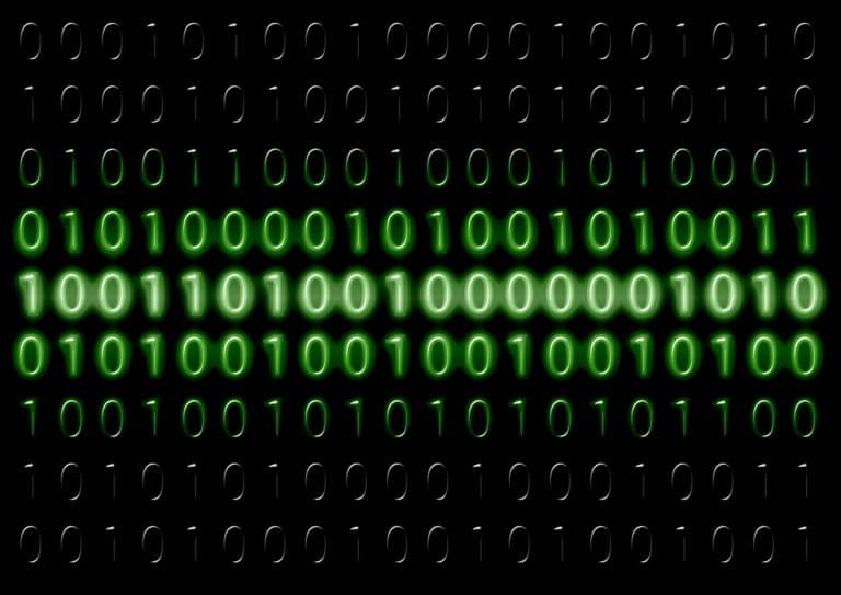 Computer code displaying multiple binary digits, or bits.