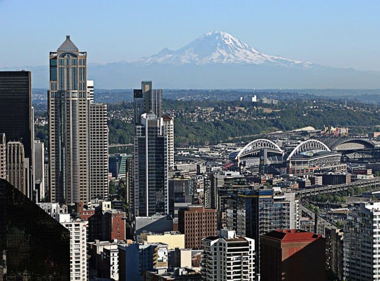 The skyline and Mount Rainier, two things Seattle is known for