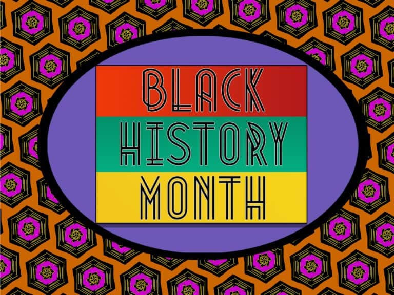 A red, green, and yellow Black History Month logo