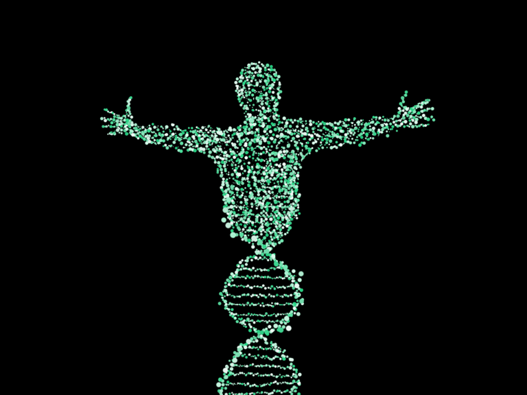 The torso of a man atop a DNA double helix