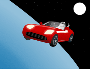 A Tesla Roadster in space carrying a copy of The Hitchhiker's Guide to the Galaxy