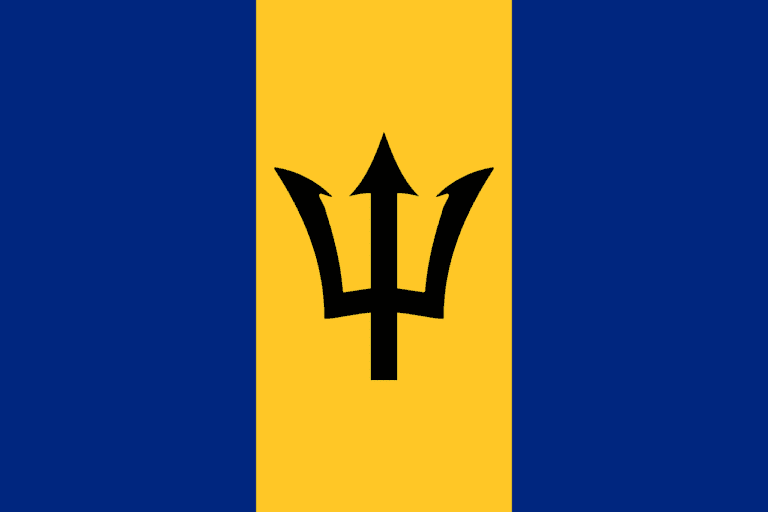 One of the facts about Barbados is its tricolor flag with a trident, shown here