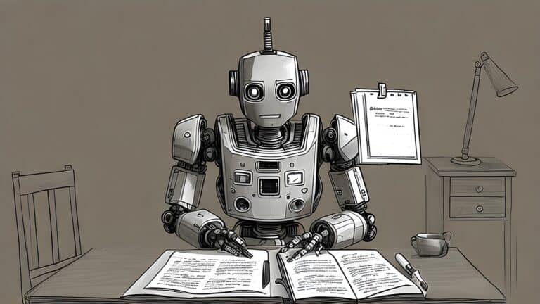 A robot reading a book about AI vocabulary