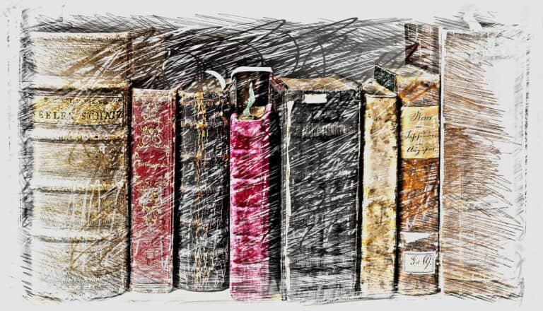 A sketch of old books that might be on the reading list for geeky people