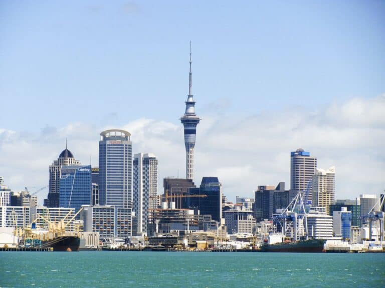 Auckland, the largest city in New Zealand, as seen from the water