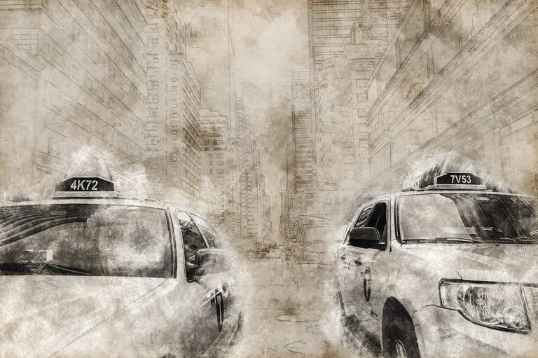 A sketch of two taxi cabs like the one the New Yorker drives
