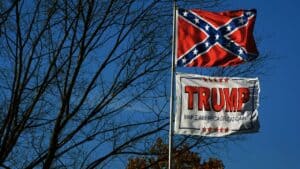 The red white and blue flag of the Confederacy and Trump