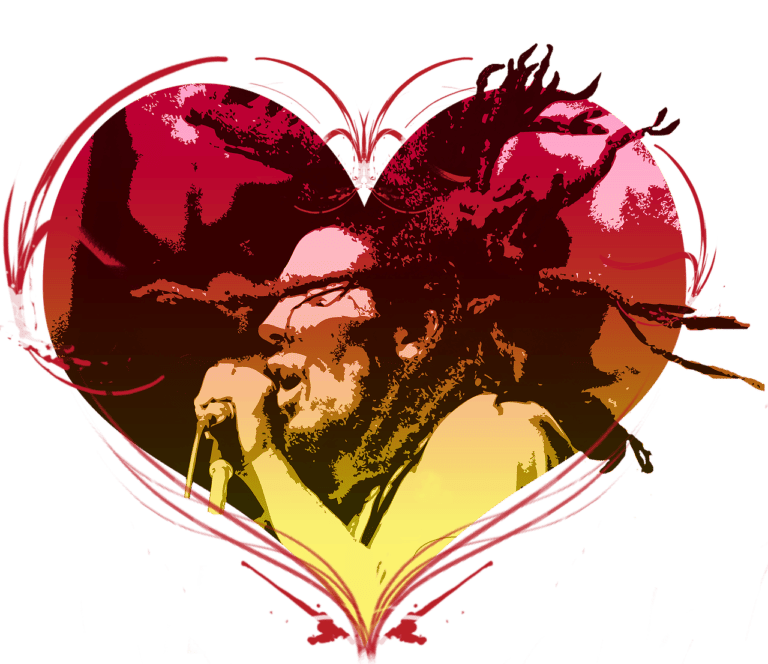 A sketch of Bob Marley inside a heart