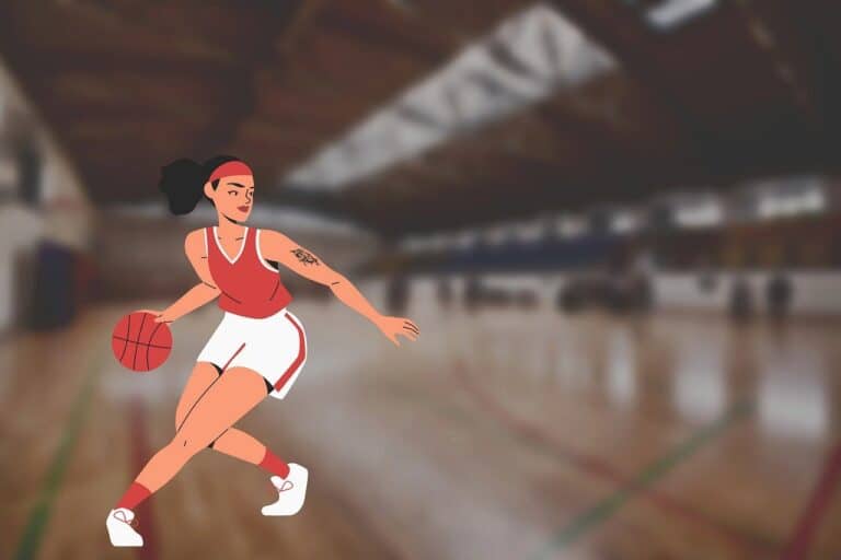 A sketch of a woman playing basketball in one of the WNBA cities